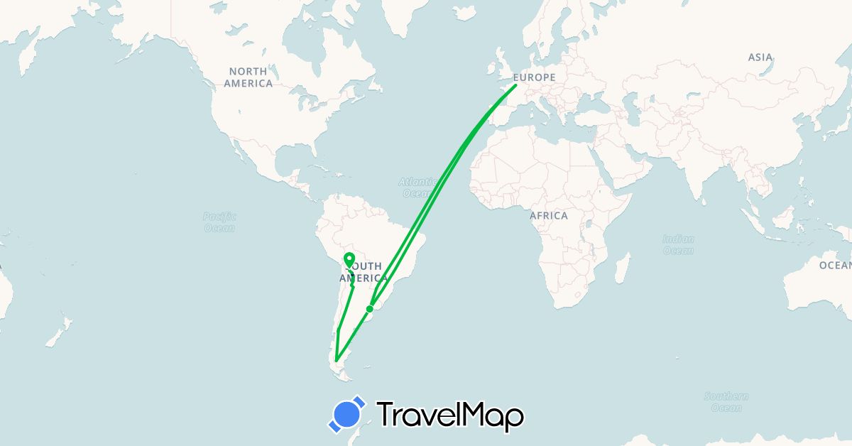 TravelMap itinerary: driving, bus, plane, hiking in Argentina, Bolivia, France (Europe, South America)